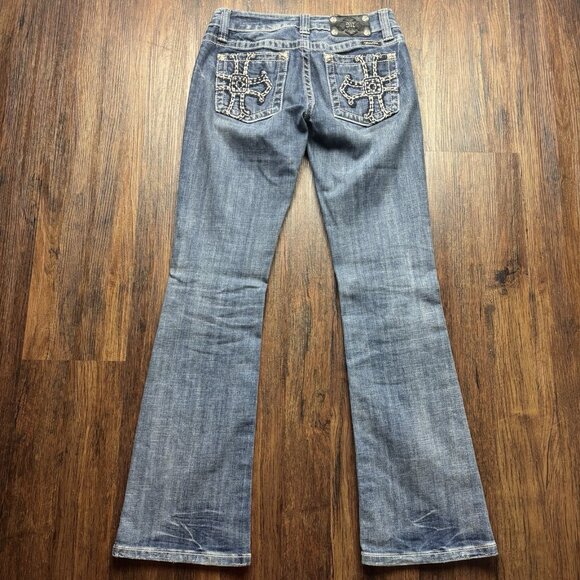 MISS ME BootJeans Rhinestone White Cross Distressed Medium Wash Size 26 - Picture 2 of 12